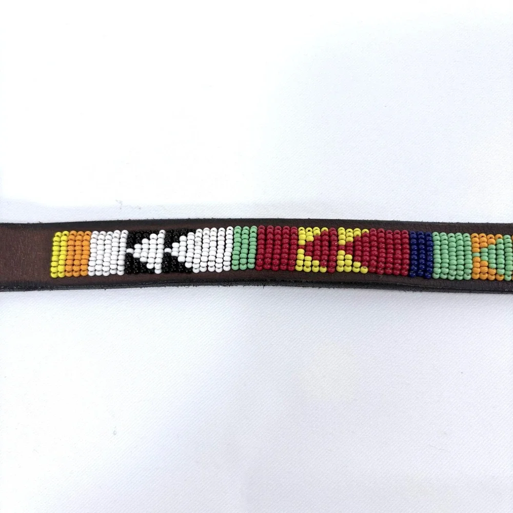 Handcrafted Beaded‎ Leather Belt Brown Colorful Tribal Geometric Brass Buckle 26